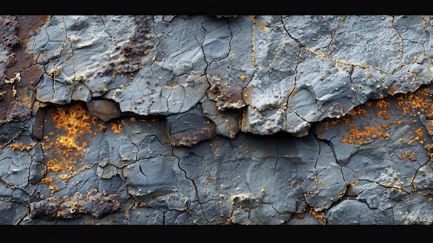 There is old and corroded metal on a cracked gray rock