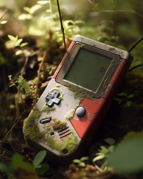 There is a old gameboy sitting in the woods with moss on it generative ai
