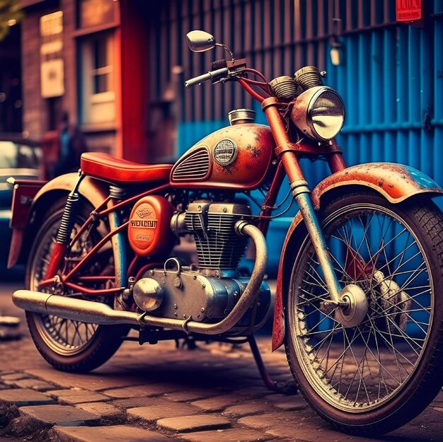 There is an old motorcycle parked on the sidewalk