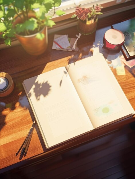 there is a open book on a desk with a pen and a candle generative ai