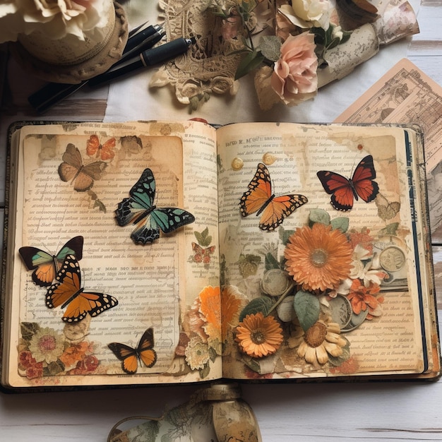 Photo there is a open book with a bunch of butterflies on it generative ai