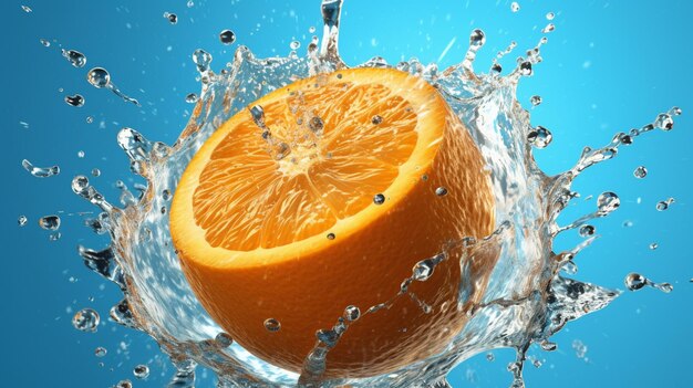 스플래시 생성 AI로 물에 오렌지가 떨어지고 있습니다.