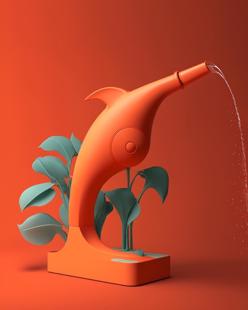 There is a orange dolphin statue with a plant in the background generative ai