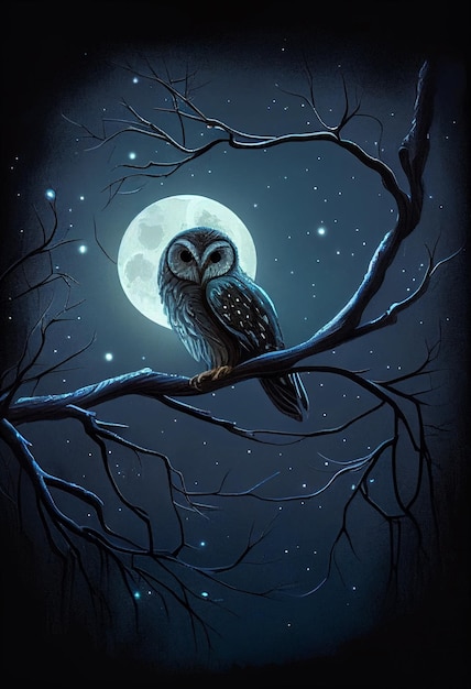 Photo there is a owl sitting on a branch in front of the moon generative ai