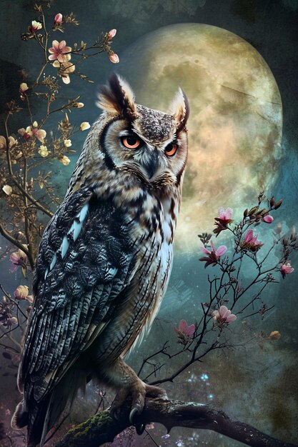 there is a owl sitting on a branch with a full moon in the background generative ai