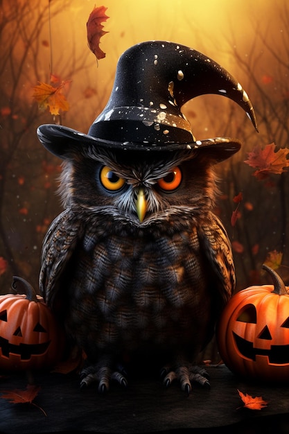 there is a owl wearing a witch hat and sitting on a table generative ai