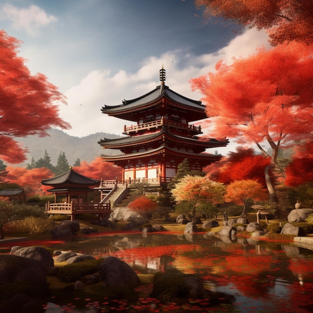 There is a pagoda in the middle of a pond with red trees generative ai