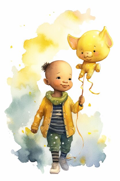 Foto c'è un dipinto di un bambino che tiene un palloncino e un gatto generativo ai