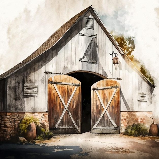 there is a painting of a barn with a horse in the doorway generative ai