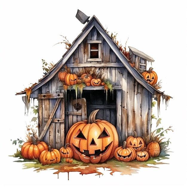 there is a painting of a barn with pumpkins and a bird generative ai