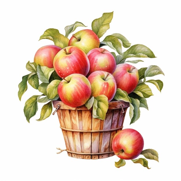 there is a painting of a basket of apples with leaves generative ai