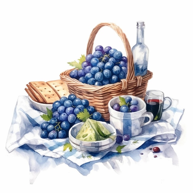 There is a painting of a basket of grapes and a bottle of wine generative ai