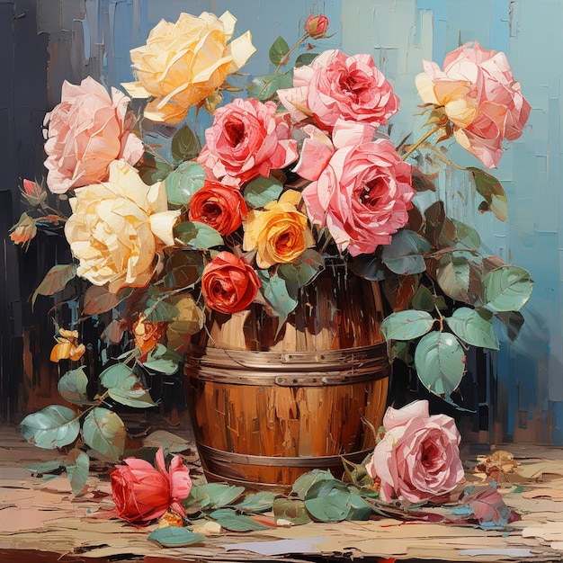 there is a painting of a basket of roses on a table generative ai