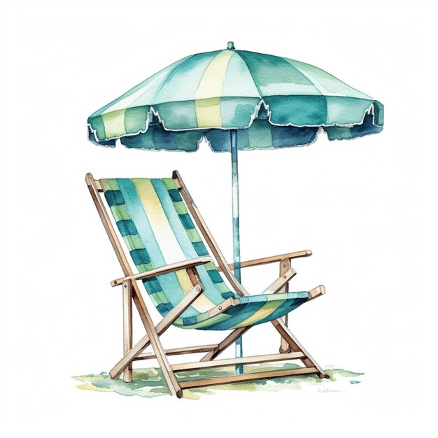 There is a painting of a beach chair and umbrella on the beach generative ai