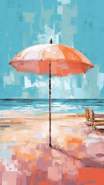 there is a painting of a beach with a chair and umbrella generative ai