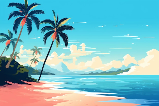 Photo there is a painting of a beach with palm trees and a blue sky generative ai