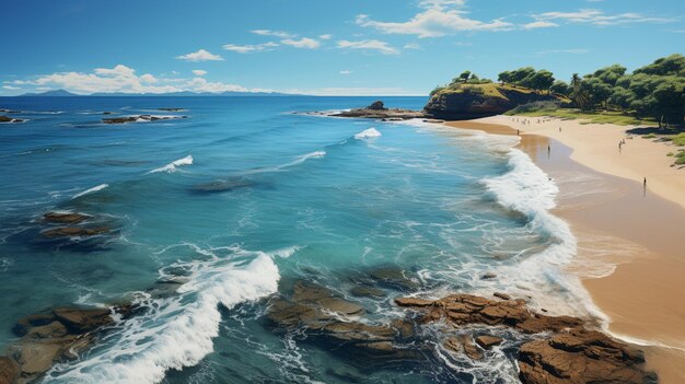 there is a painting of a beach with people walking on it generative ai