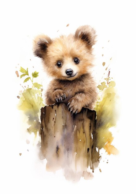 Foto c'è un dipinto di un orso seduto su un tronco di albero generativo ai