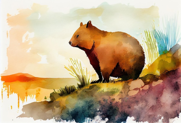 Photo there is a painting of a bear standing on a hill generative ai