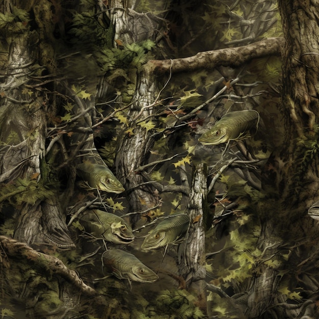 Photo there is a painting of a bear in the woods with trees generative ai