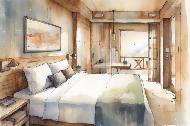 there is a painting of a bedroom with a bed and a desk generative ai