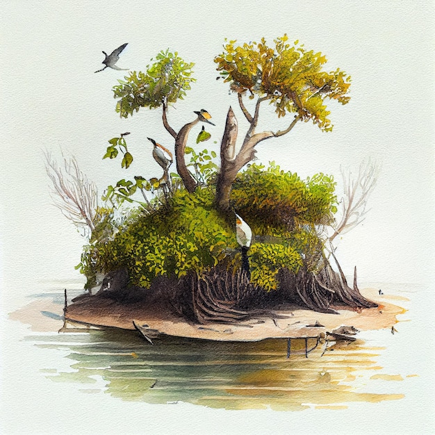 There is a painting of a bird flying over a small island generative ai