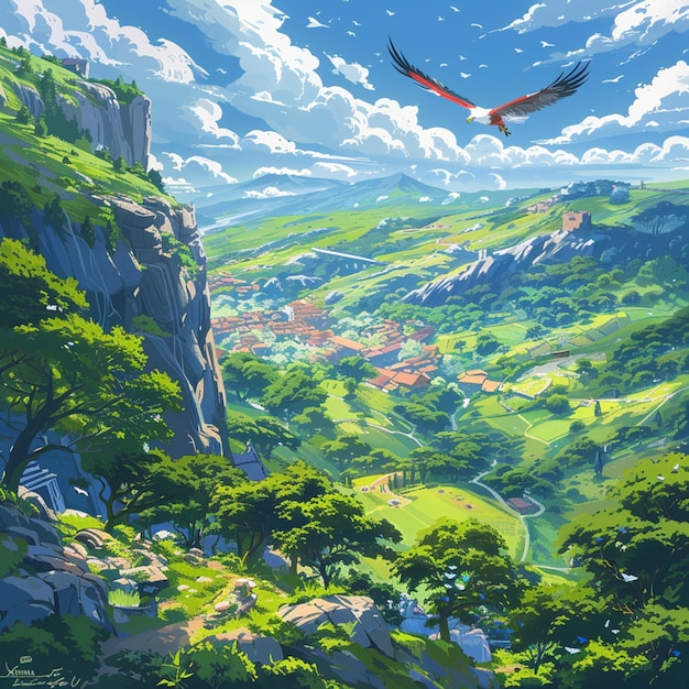 there is a painting of a bird flying over a valley generative ai