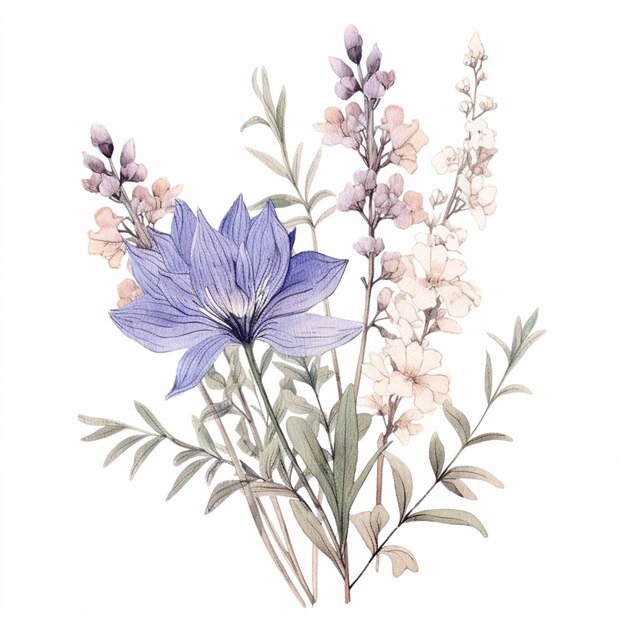 there is a painting of a blue flower with white flowers generative ai