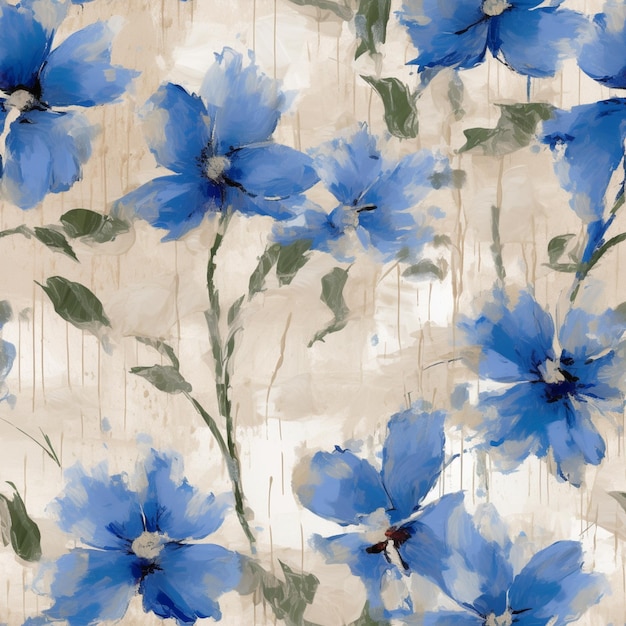 There is a painting of blue flowers on a beige background generative ai
