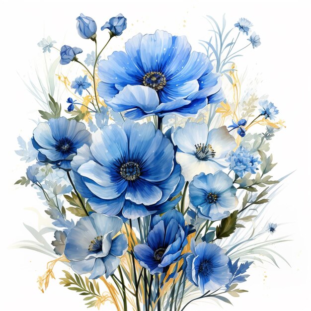 there is a painting of blue flowers in a vase on a table generative ai