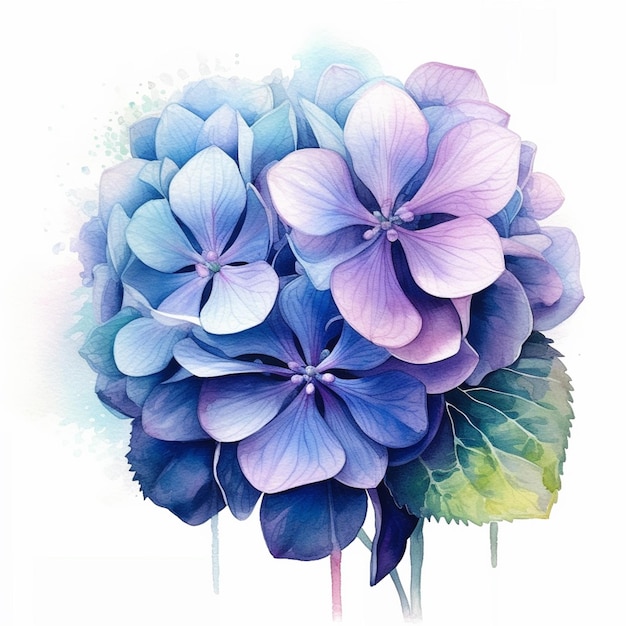 There is a painting of a blue and purple flower with green leaves generative ai