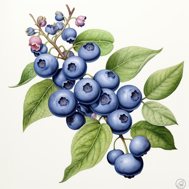 there is a painting of blueberries on a branch with leaves generative ai