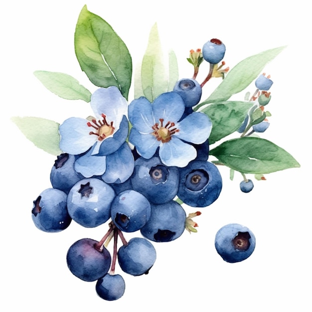 There is a painting of blueberries and leaves on a white background generative ai