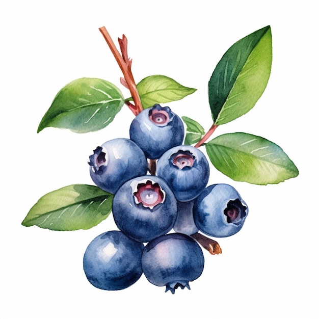 there is a painting of blueberries with leaves on a white background generative ai