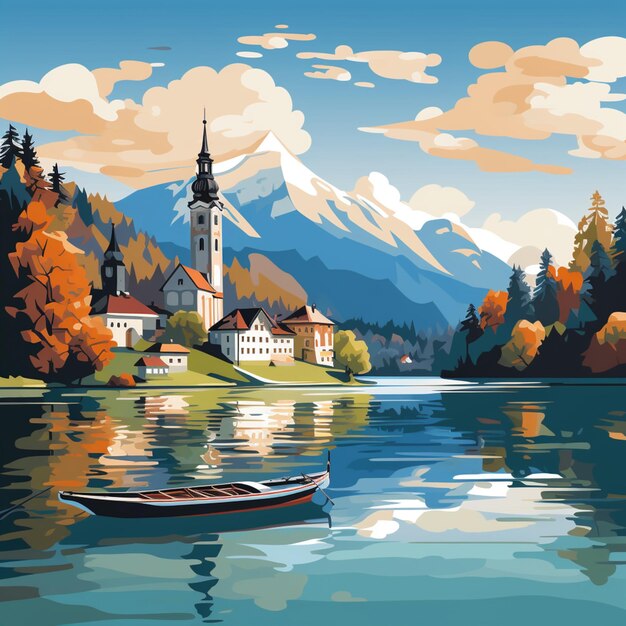 there is a painting of a boat on a lake with a church in the background generative ai