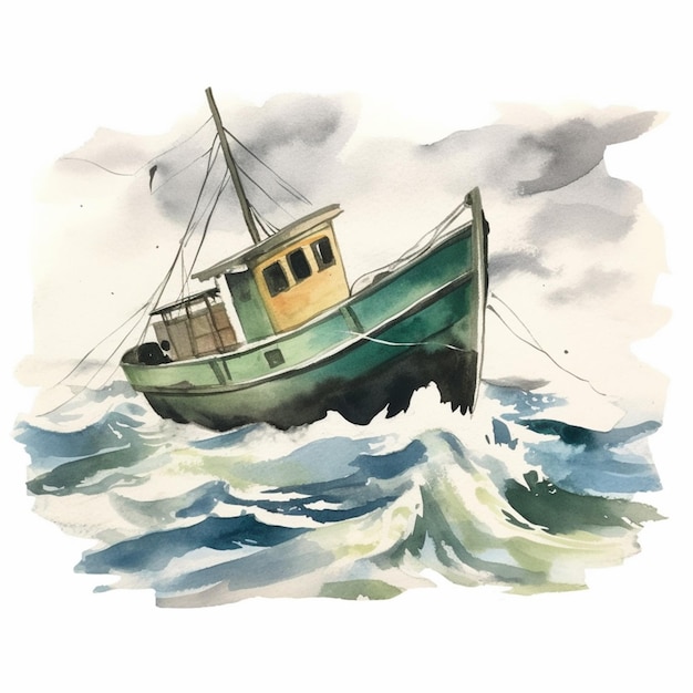 there is a painting of a boat in the water with a sky background generative ai