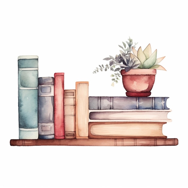 there is a painting of a book shelf with books and a plant generative ai