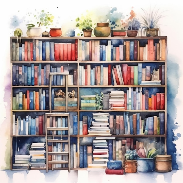 There is a painting of a book shelf with books and plants generative ai