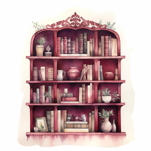 there is a painting of a book shelf with books and plants generative ai