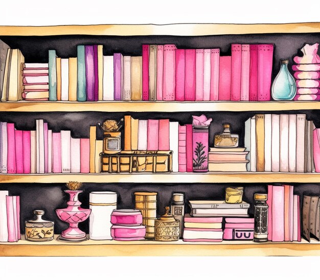 Foto c'è un dipinto di una libreria con libri e vasi generativi ai