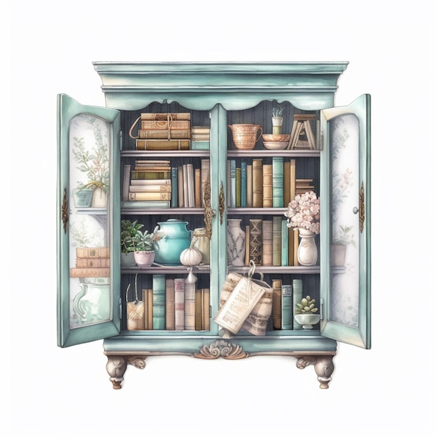 There is a painting of a bookcase with books and a vase generative ai