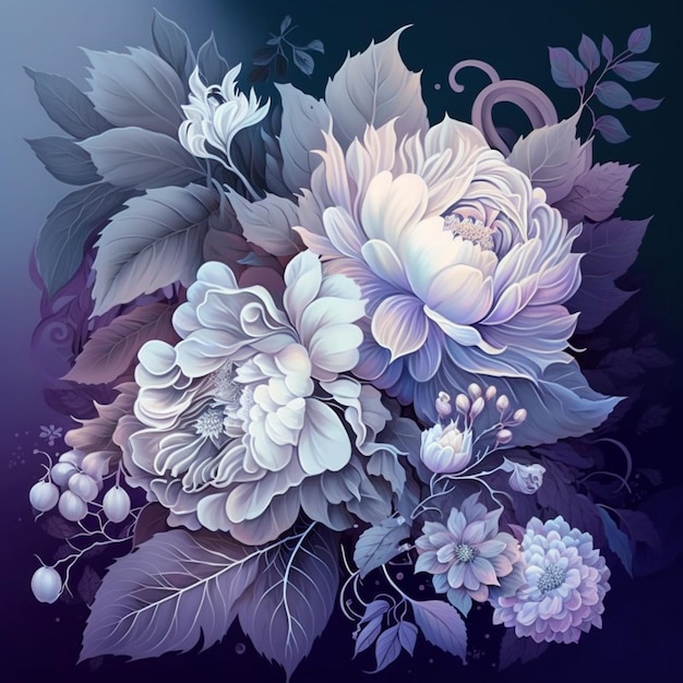 there is a painting of a bouquet of flowers on a dark background generative ai