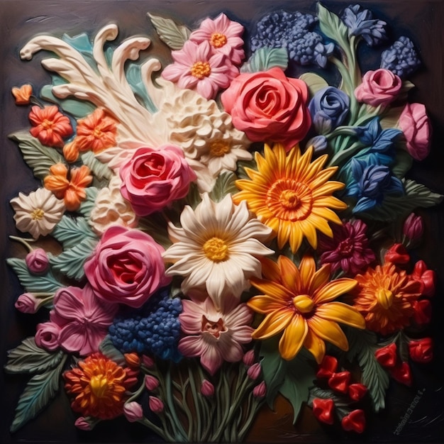 Photo there is a painting of a bouquet of flowers on a table generative ai
