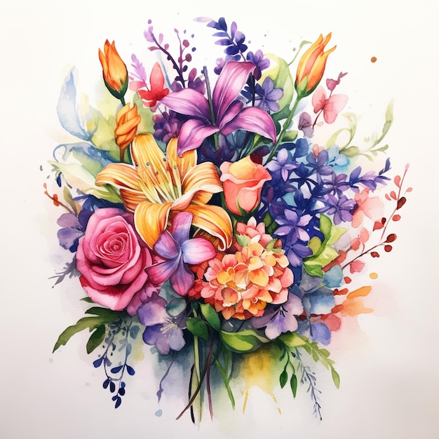 There is a painting of a bouquet of flowers on a white background generative ai