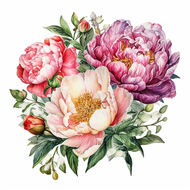 There is a painting of a bouquet of flowers on a white background generative ai