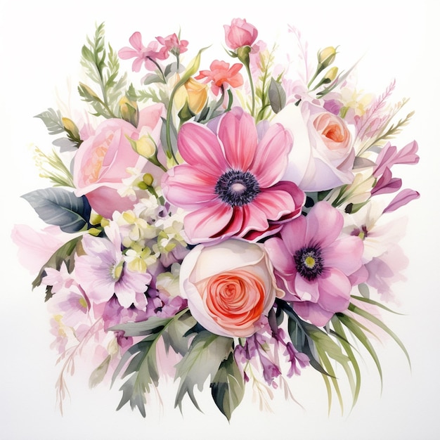 There is a painting of a bouquet of flowers on a white background generative ai