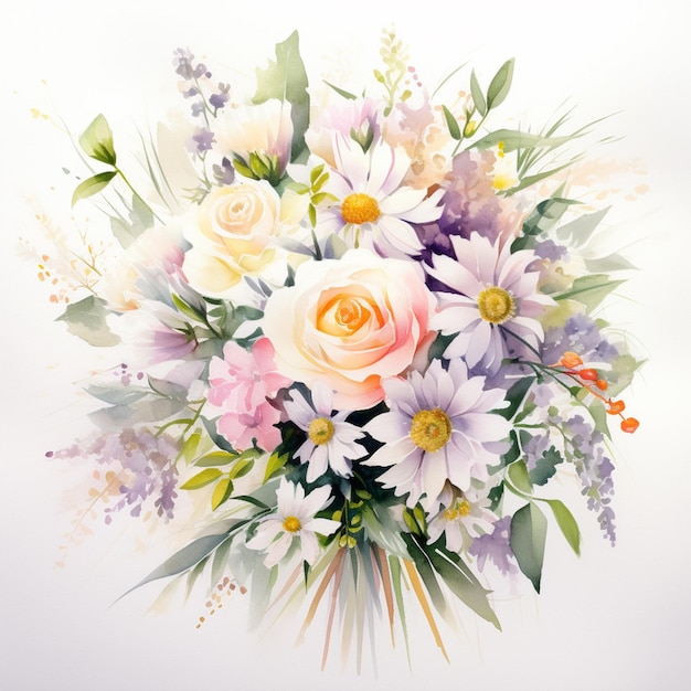 There is a painting of a bouquet of flowers on a white background generative ai