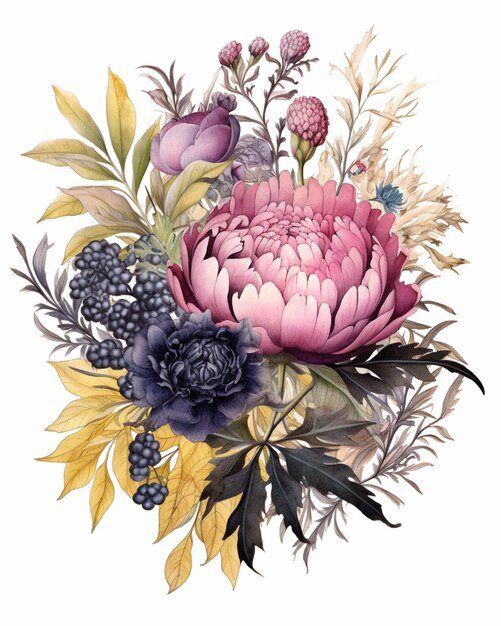 There is a painting of a bouquet of flowers with berries generative ai