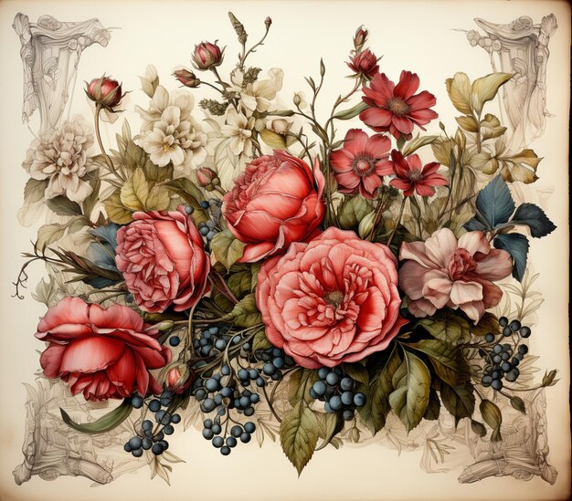 there is a painting of a bouquet of flowers with berries generative ai