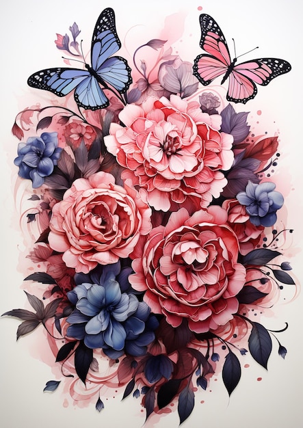 There is a painting of a bouquet of flowers with butterflies generative ai